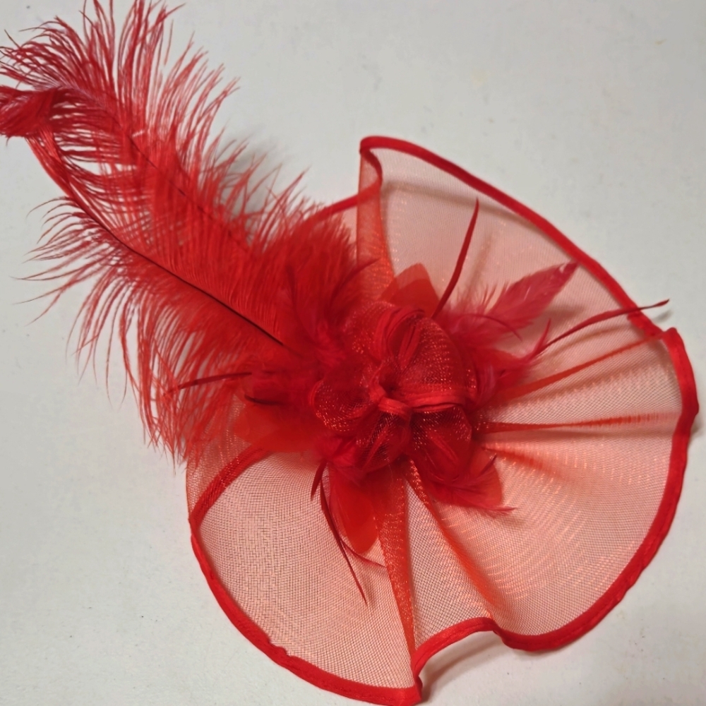 ``RH25920 Red Mesh Feather Fascinator